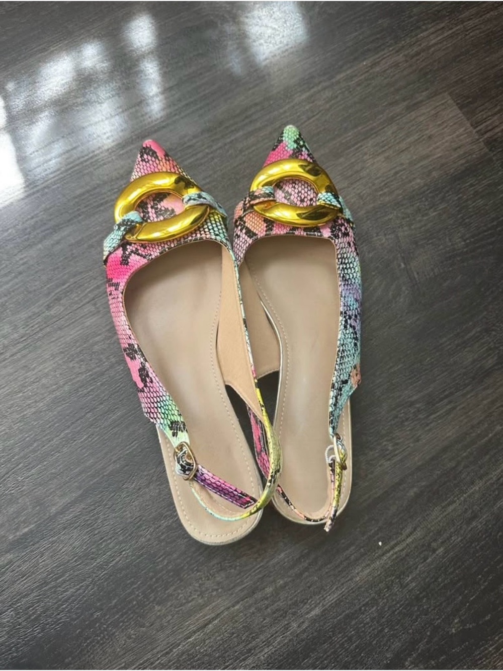 Women’s Multicolor Snake-Print Pointed Slingback Flats with Gold Accent